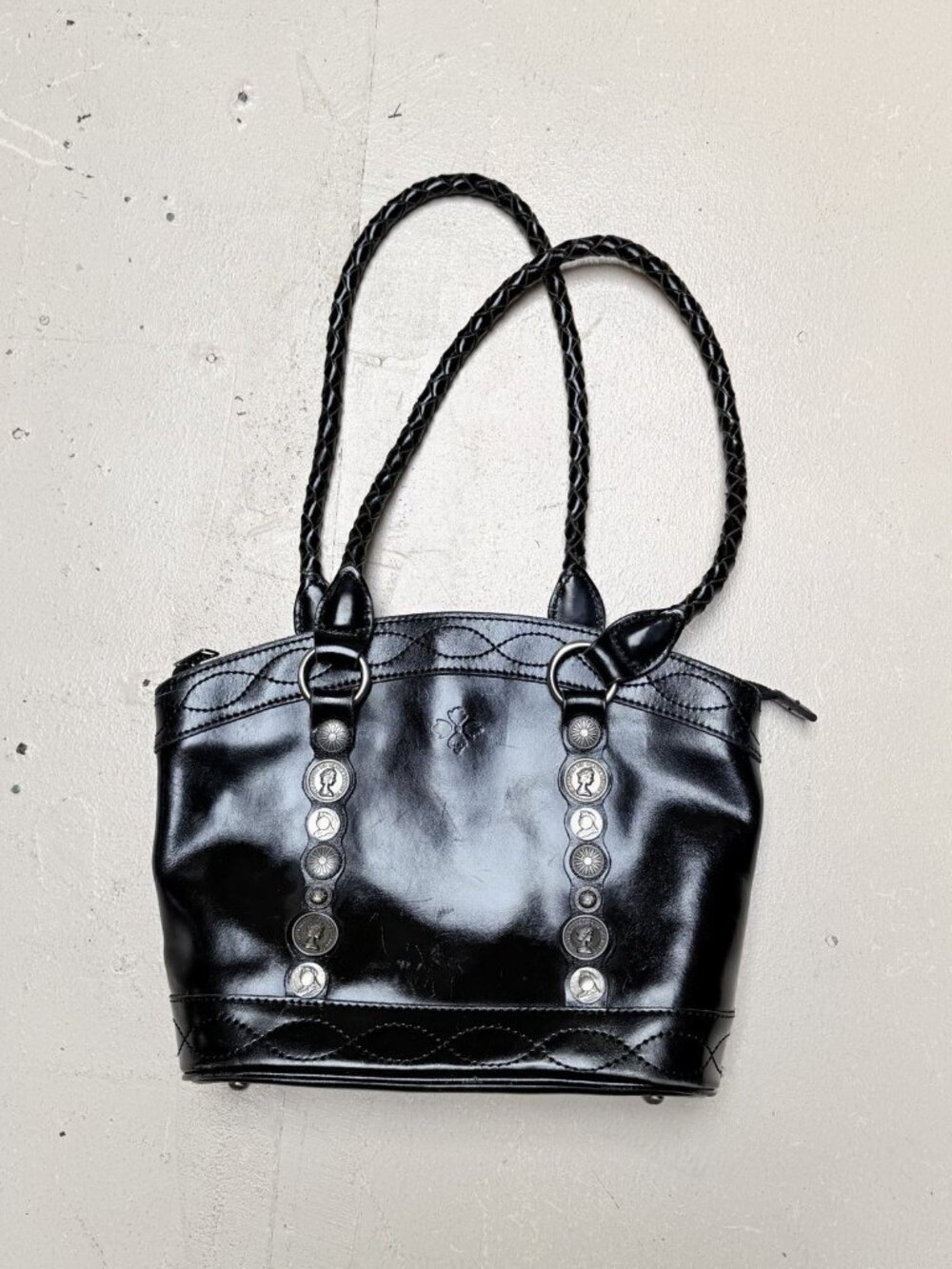Patricia‎ Nash Purse Black Leather Detailed Coins Braided Straps Boho Western
